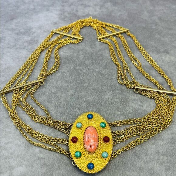 CHRISTIAN DIOR Goldtone Multiple Chains Belt Jeweled Buckle Colorful Cabochon - Picture 1 of 10